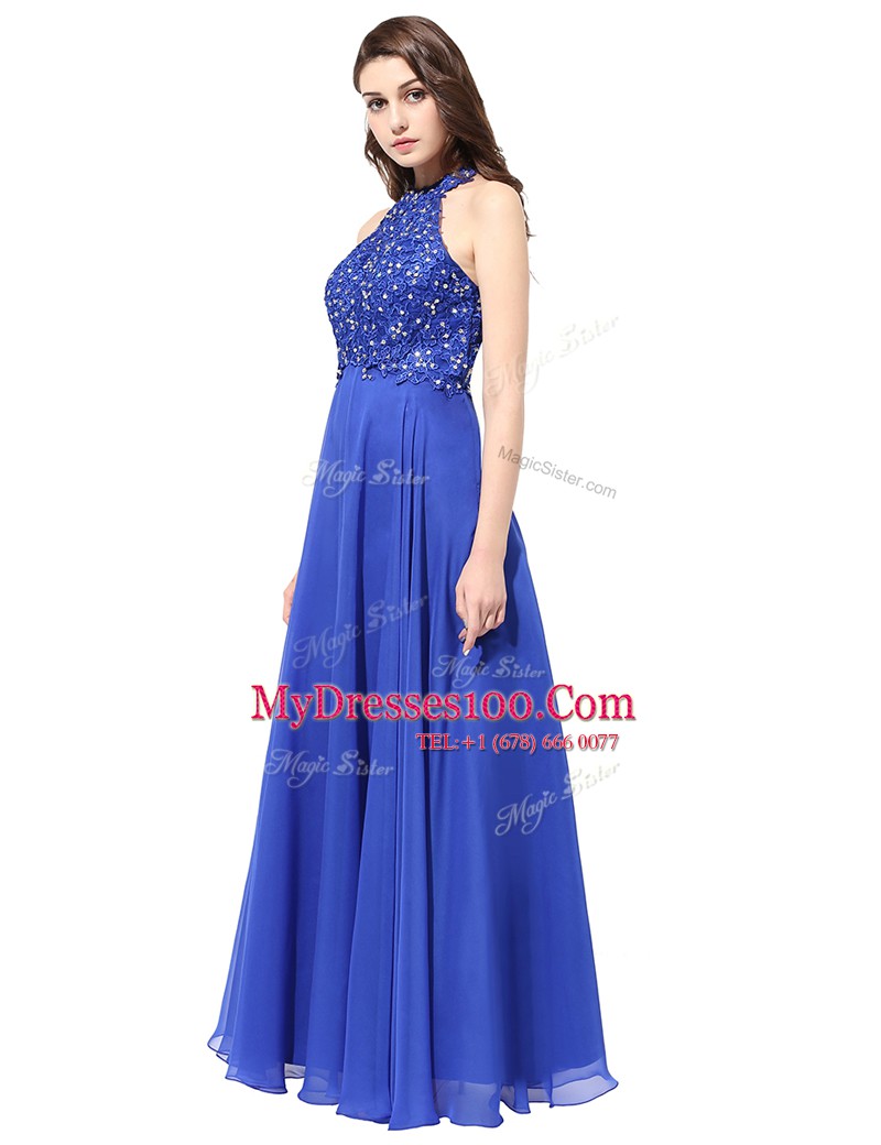 Dramatic Halter Top Blue Sleeveless Chiffon Backless Prom Evening Gown for Prom and Party