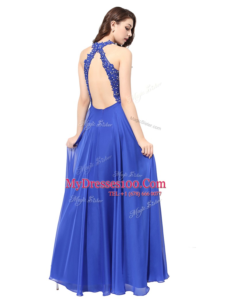 Dramatic Halter Top Blue Sleeveless Chiffon Backless Prom Evening Gown for Prom and Party