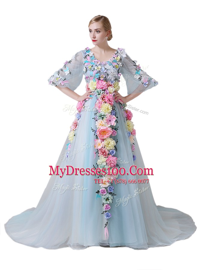 Light Blue Half Sleeves With Train Hand Made Flower Zipper Evening Dress