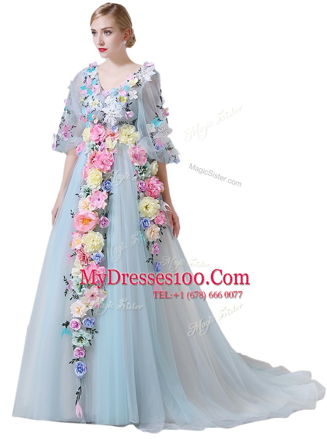 Light Blue Half Sleeves With Train Hand Made Flower Zipper Evening Dress
