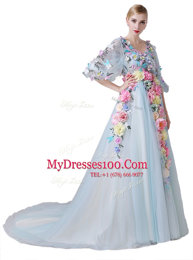 Light Blue Half Sleeves With Train Hand Made Flower Zipper Evening Dress