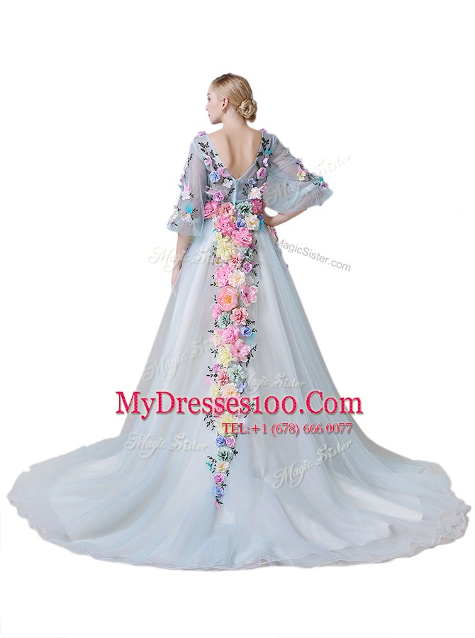 Light Blue Half Sleeves With Train Hand Made Flower Zipper Evening Dress