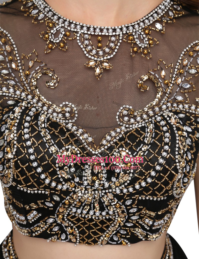 Shining Black High-neck Neckline Beading Prom Evening Gown Sleeveless Backless