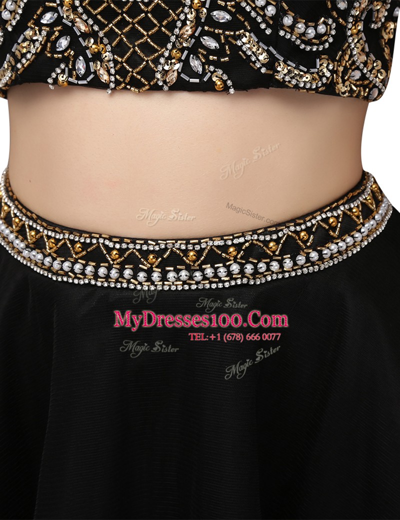 Shining Black High-neck Neckline Beading Prom Evening Gown Sleeveless Backless