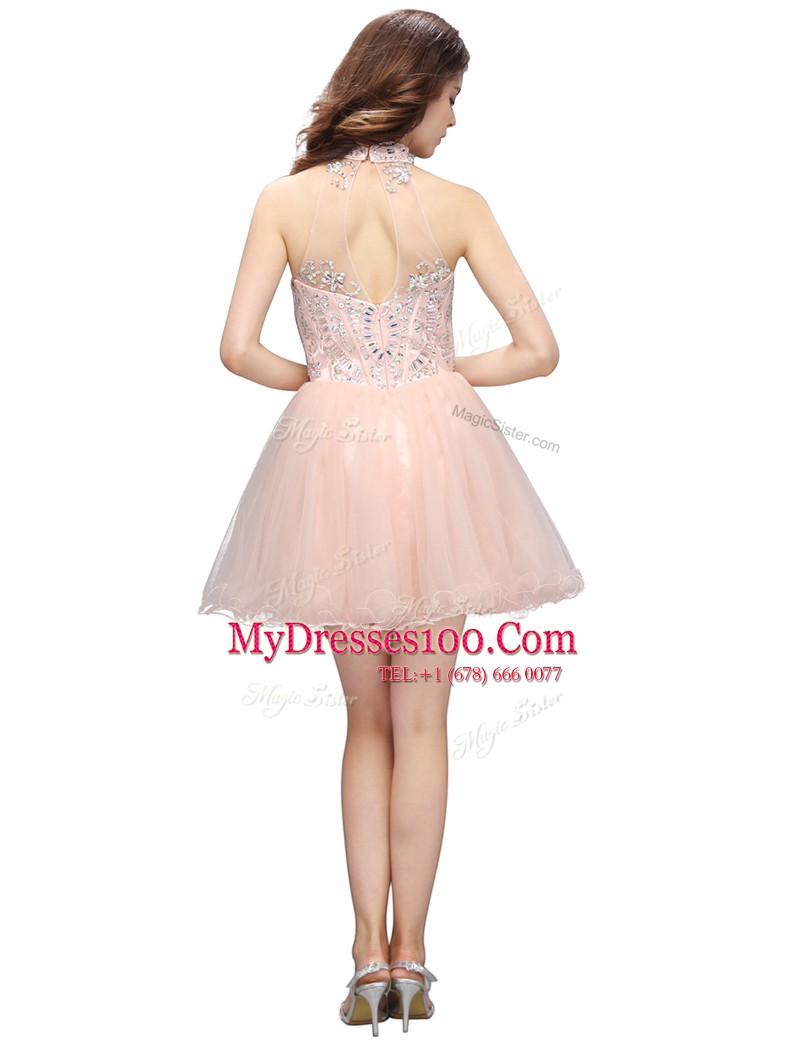 Custom Design Baby Pink High-neck Neckline Beading Homecoming Dress Sleeveless Zipper