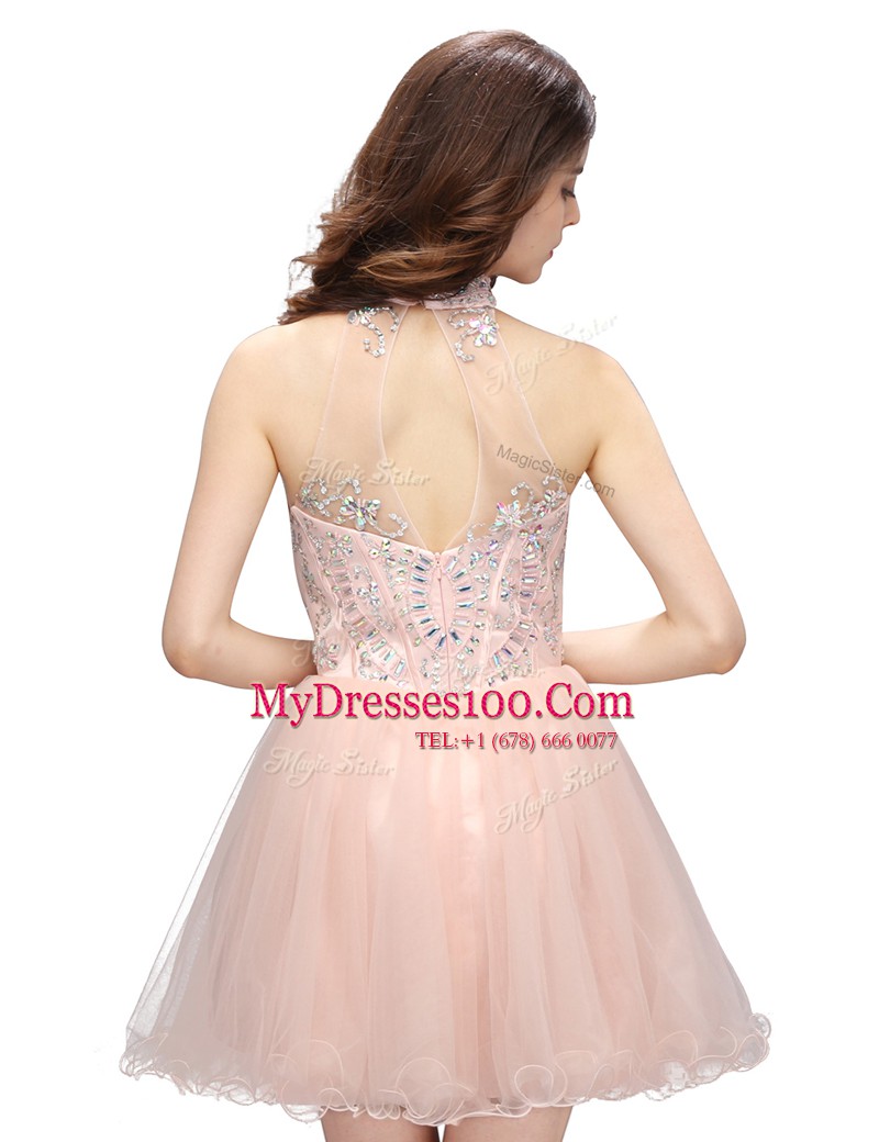 Custom Design Baby Pink High-neck Neckline Beading Homecoming Dress Sleeveless Zipper