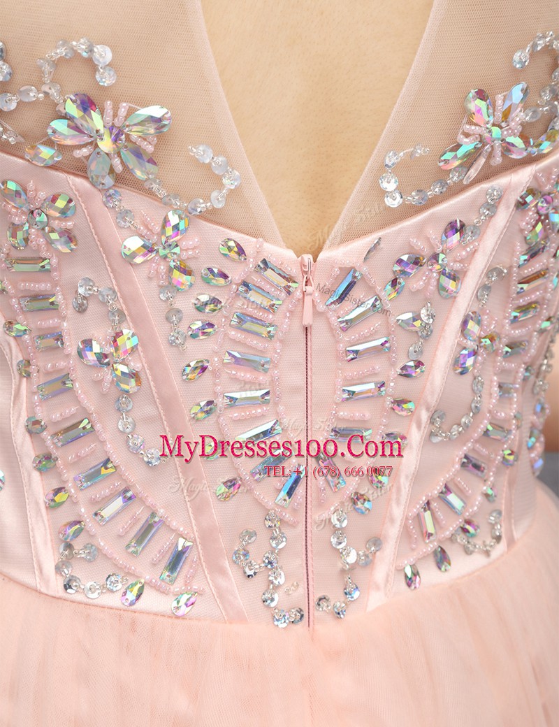 Custom Design Baby Pink High-neck Neckline Beading Homecoming Dress Sleeveless Zipper