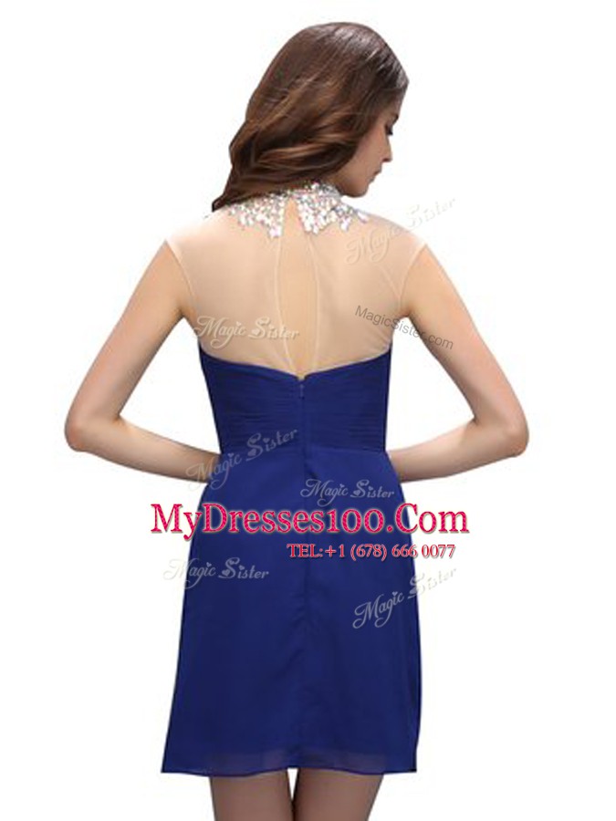 Top Selling Royal Blue High-neck Neckline Beading Teens Party Dress Sleeveless Backless