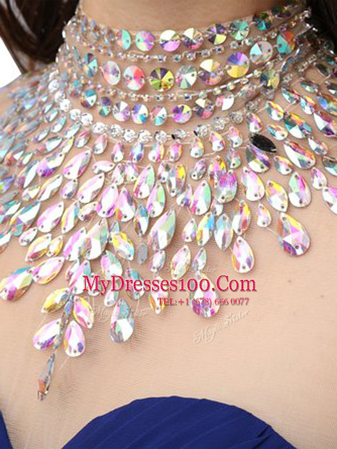 Top Selling Royal Blue High-neck Neckline Beading Teens Party Dress Sleeveless Backless