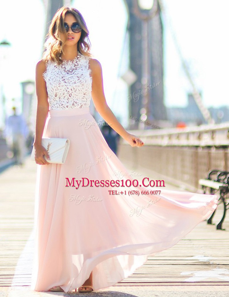 Flare Scalloped Sleeveless Zipper Prom Evening Gown Pink Chiffon