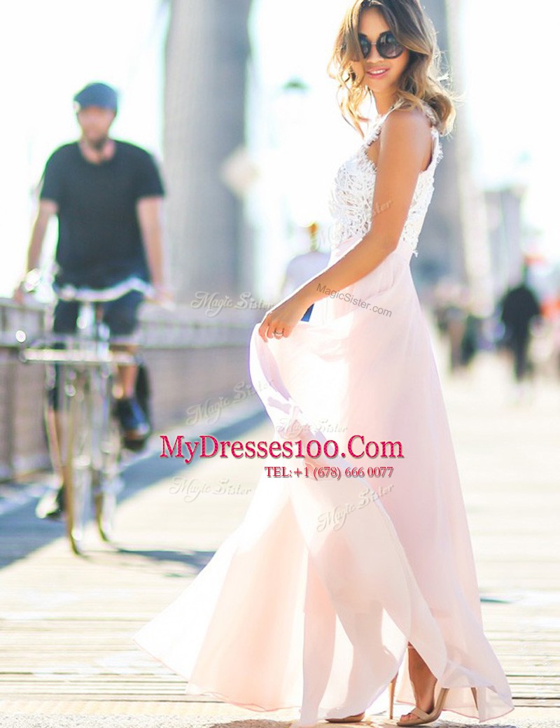 Flare Scalloped Sleeveless Zipper Prom Evening Gown Pink Chiffon