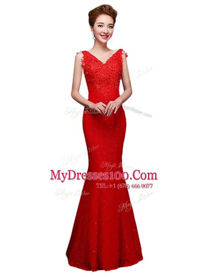 Red Sleeveless Floor Length Lace Lace Up Prom Party Dress