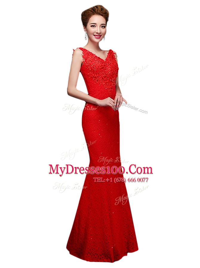 Red Sleeveless Floor Length Lace Lace Up Prom Party Dress