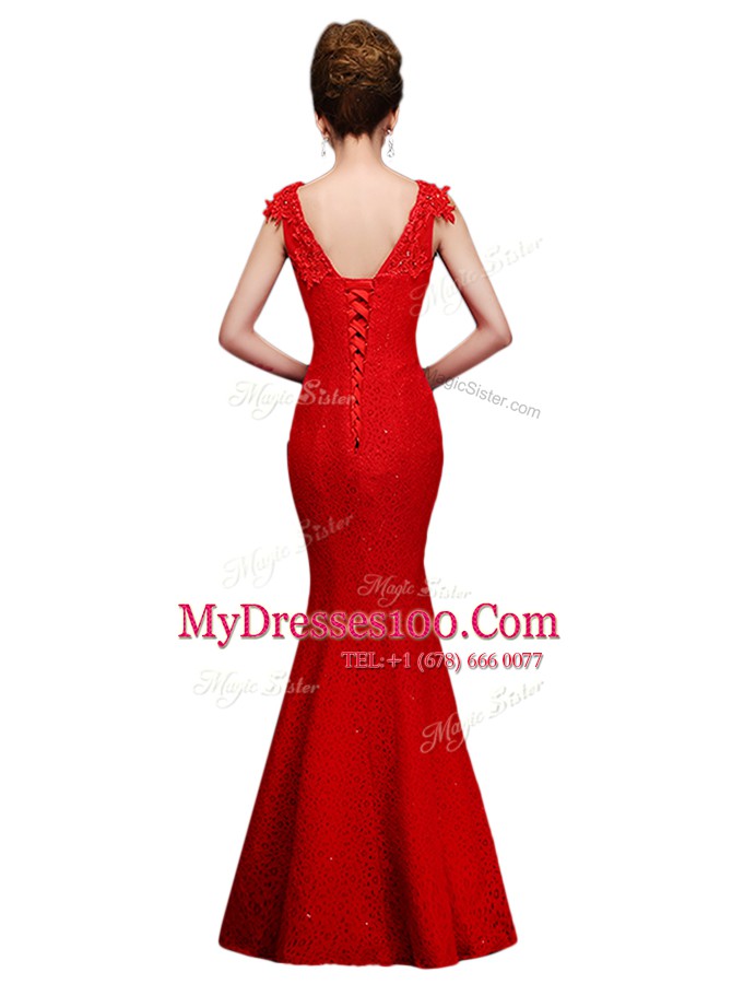 Red Sleeveless Floor Length Lace Lace Up Prom Party Dress