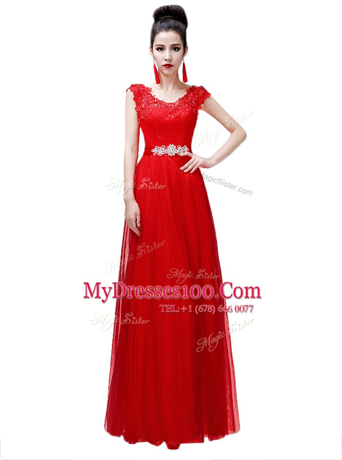 Deluxe Coral Red Lace Up Scoop Beading Prom Dress Chiffon Cap Sleeves