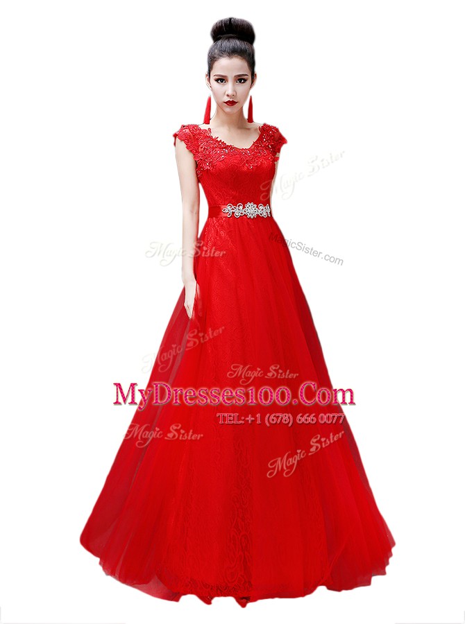 Deluxe Coral Red Lace Up Scoop Beading Prom Dress Chiffon Cap Sleeves