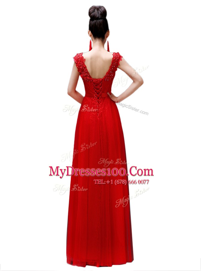 Deluxe Coral Red Lace Up Scoop Beading Prom Dress Chiffon Cap Sleeves