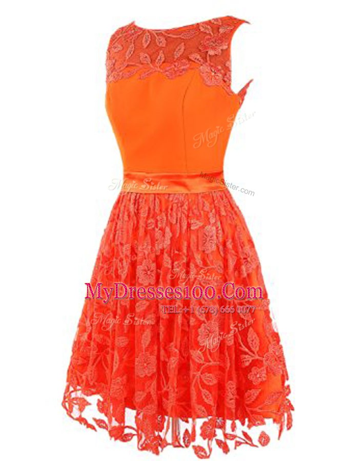 Scoop Sleeveless Mini Length Lace Zipper Prom Dress with Orange Red