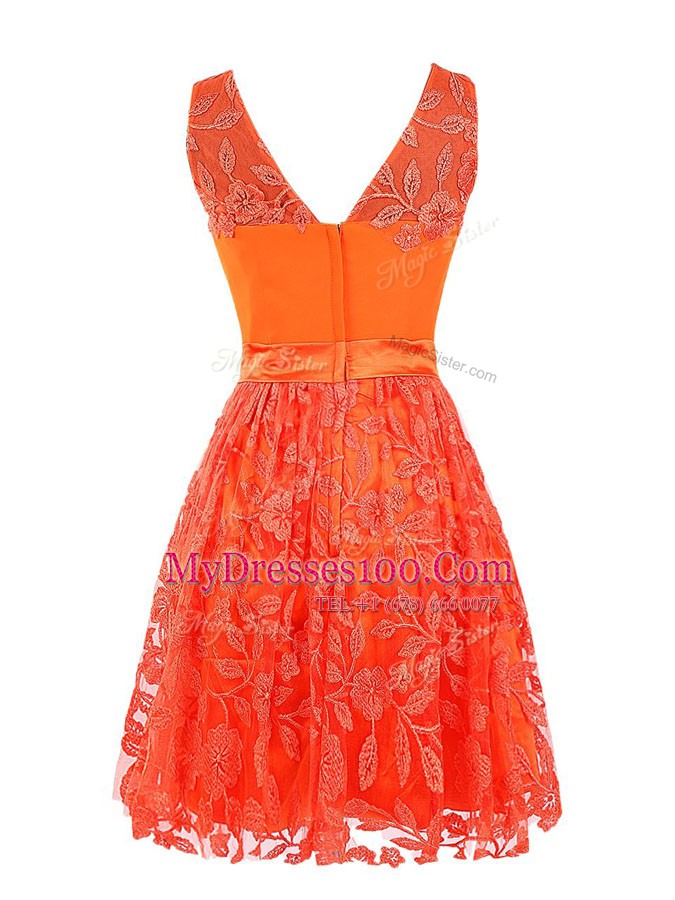 Scoop Sleeveless Mini Length Lace Zipper Prom Dress with Orange Red