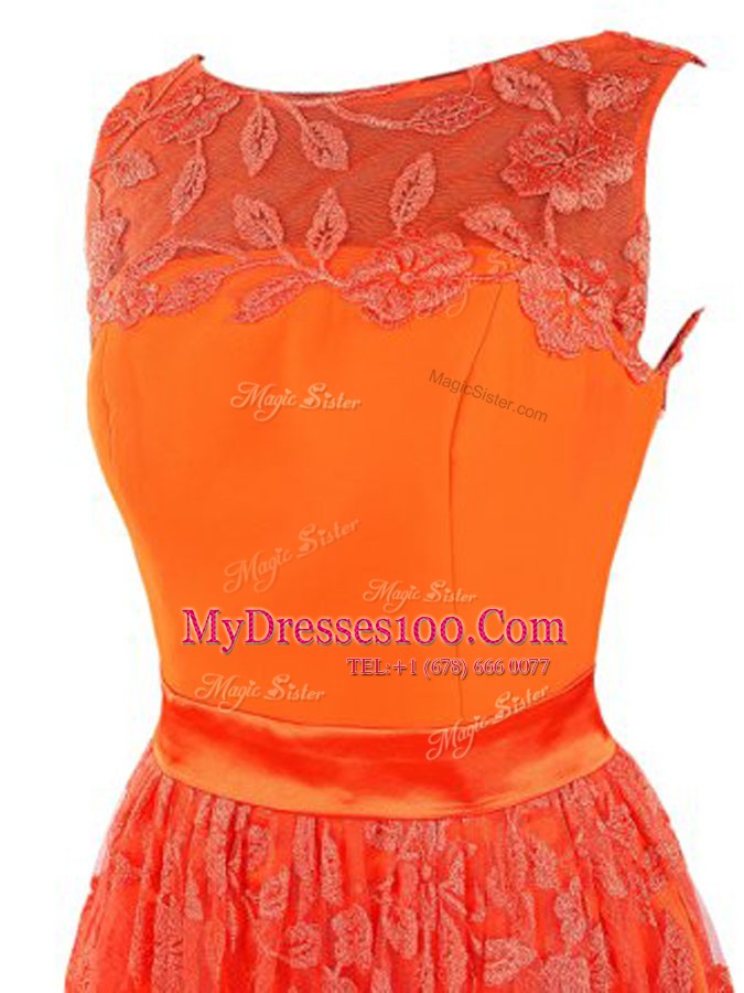 Scoop Sleeveless Mini Length Lace Zipper Prom Dress with Orange Red