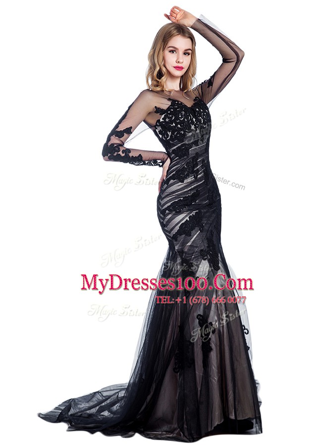 Exceptional Mermaid Black Tulle Zipper Prom Evening Gown Long Sleeves With Train Court Train Lace