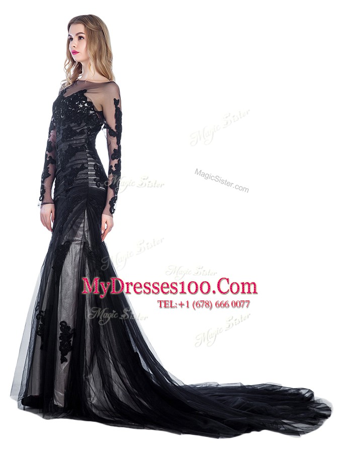 Exceptional Mermaid Black Tulle Zipper Prom Evening Gown Long Sleeves With Train Court Train Lace