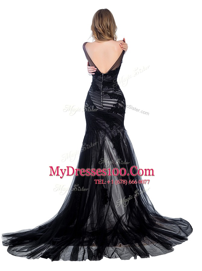 Exceptional Mermaid Black Tulle Zipper Prom Evening Gown Long Sleeves With Train Court Train Lace