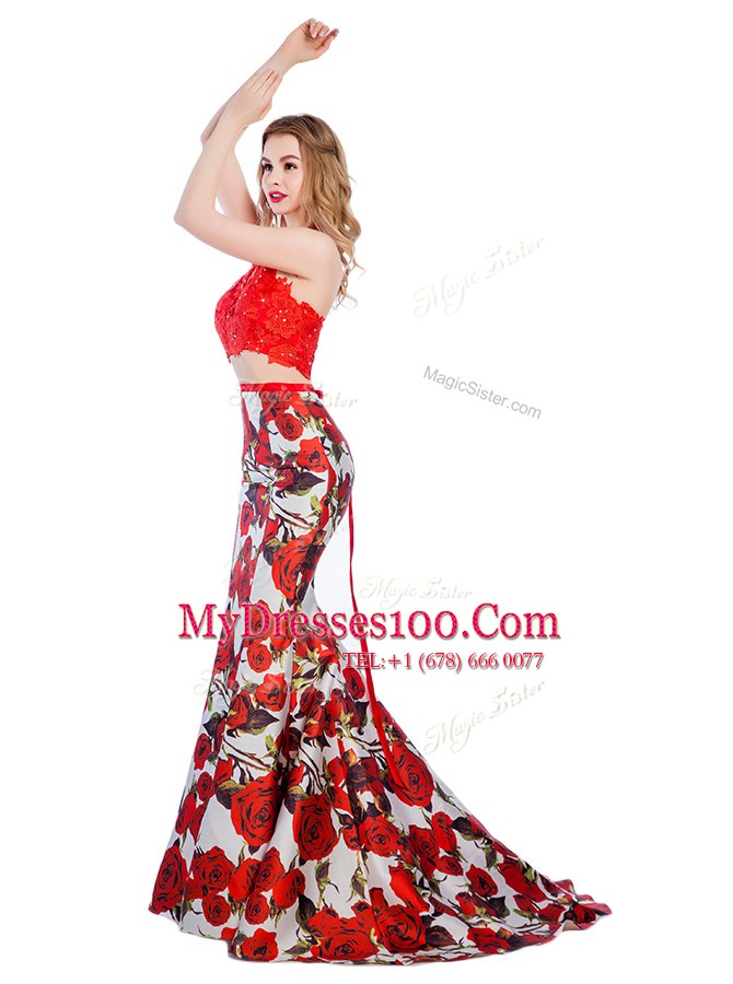 Customized Mermaid Halter Top Printed Sleeveless With Train Lace and Pattern Zipper Evening Dress with Multi-color Brush Train