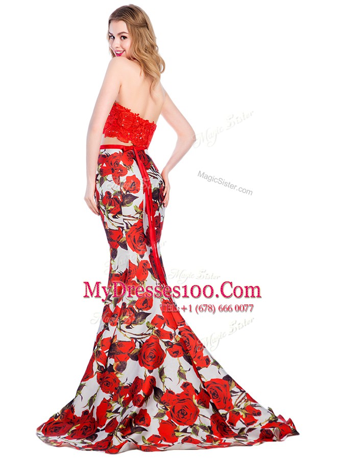 Customized Mermaid Halter Top Printed Sleeveless With Train Lace and Pattern Zipper Evening Dress with Multi-color Brush Train