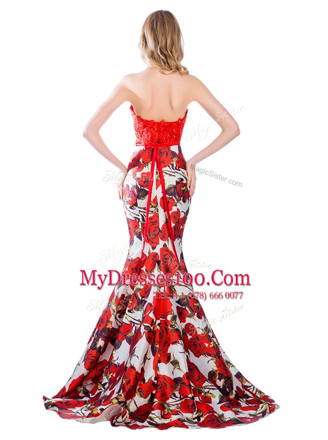 Customized Mermaid Halter Top Printed Sleeveless With Train Lace and Pattern Zipper Evening Dress with Multi-color Brush Train