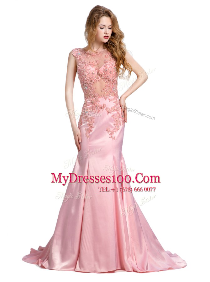 Beautiful Mermaid Scoop Silk Like Satin Sleeveless With Train Evening Dress Brush Train and Beading