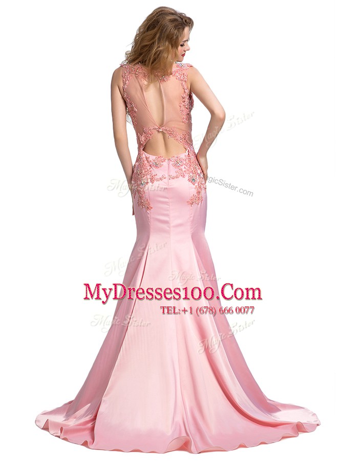 Beautiful Mermaid Scoop Silk Like Satin Sleeveless With Train Evening Dress Brush Train and Beading
