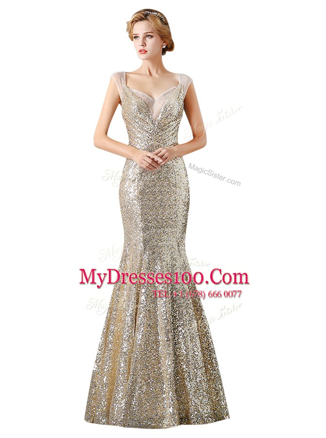 Mermaid Sleeveless Sequined Floor Length Zipper Prom Dresses in Champagne with Sequins