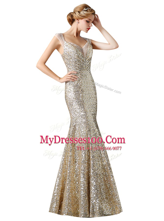 Mermaid Sleeveless Sequined Floor Length Zipper Prom Dresses in Champagne with Sequins