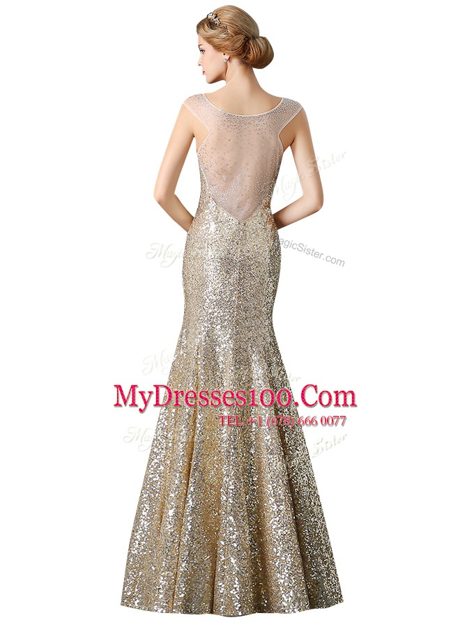 Mermaid Sleeveless Sequined Floor Length Zipper Prom Dresses in Champagne with Sequins