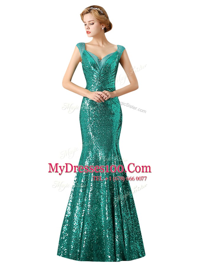 Mermaid Sleeveless Sequined Floor Length Zipper Prom Dresses in Champagne with Sequins