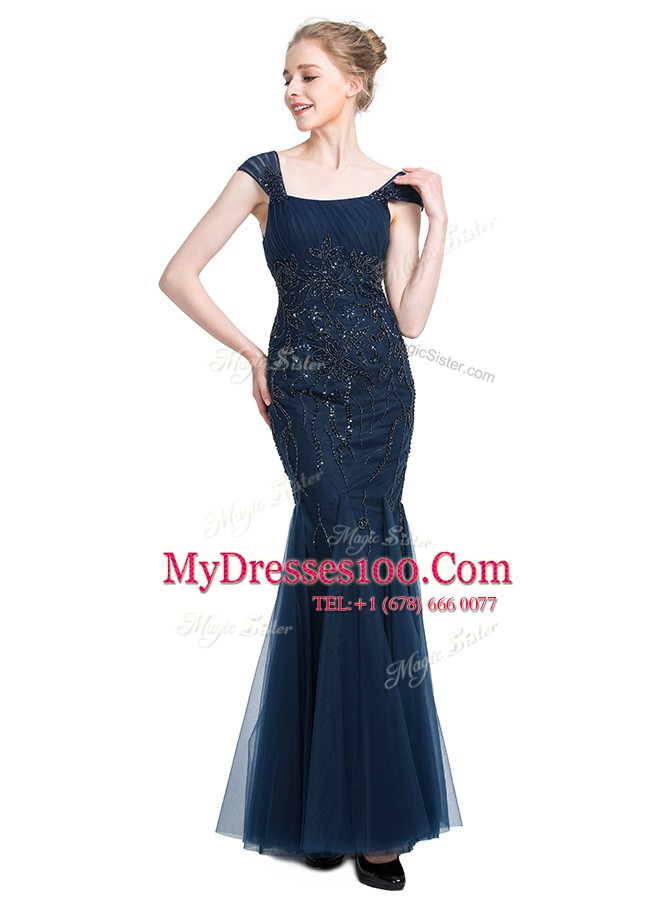 Flare Mermaid Tulle Square Cap Sleeves Zipper Beading Prom Gown in Navy Blue