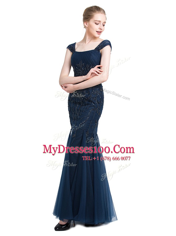Flare Mermaid Tulle Square Cap Sleeves Zipper Beading Prom Gown in Navy Blue