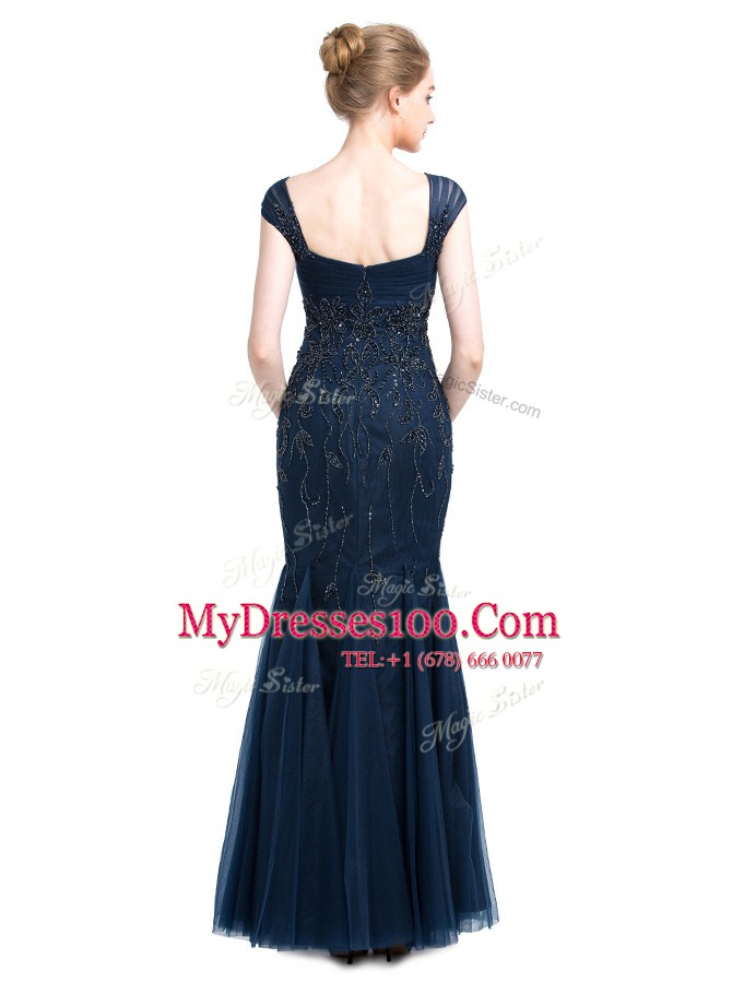 Flare Mermaid Tulle Square Cap Sleeves Zipper Beading Prom Gown in Navy Blue