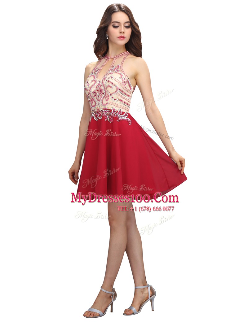 Red Sleeveless Chiffon Backless Prom Gown for Prom and Party