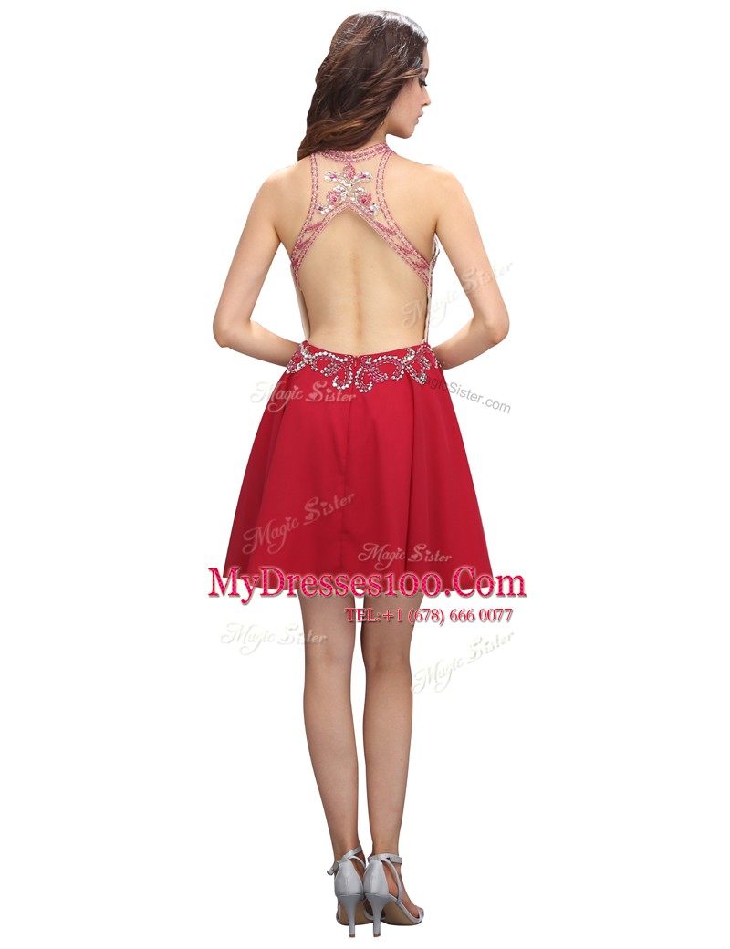 Red Sleeveless Chiffon Backless Prom Gown for Prom and Party
