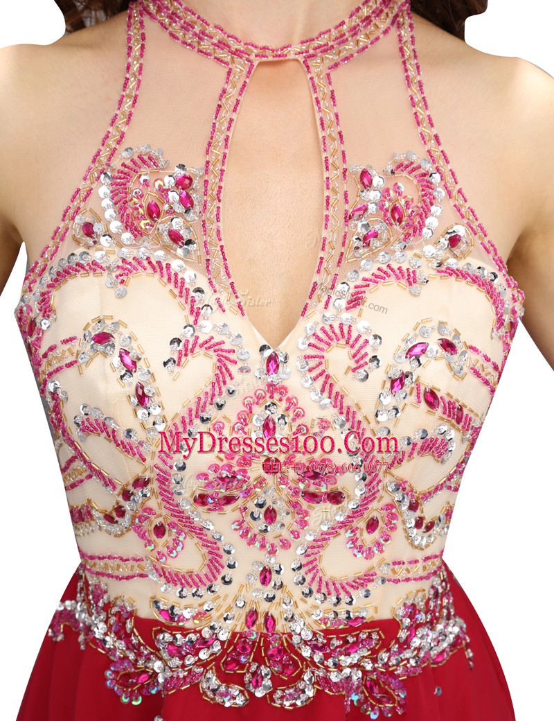 Red Sleeveless Chiffon Backless Prom Gown for Prom and Party