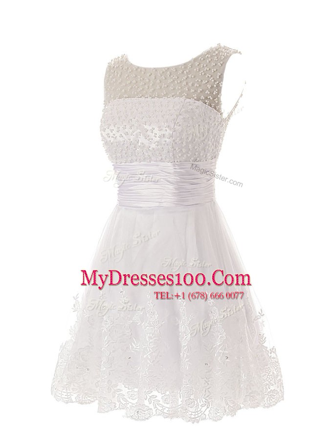Sophisticated Scoop Sleeveless Zipper Mini Length Beading and Lace Cocktail Dresses