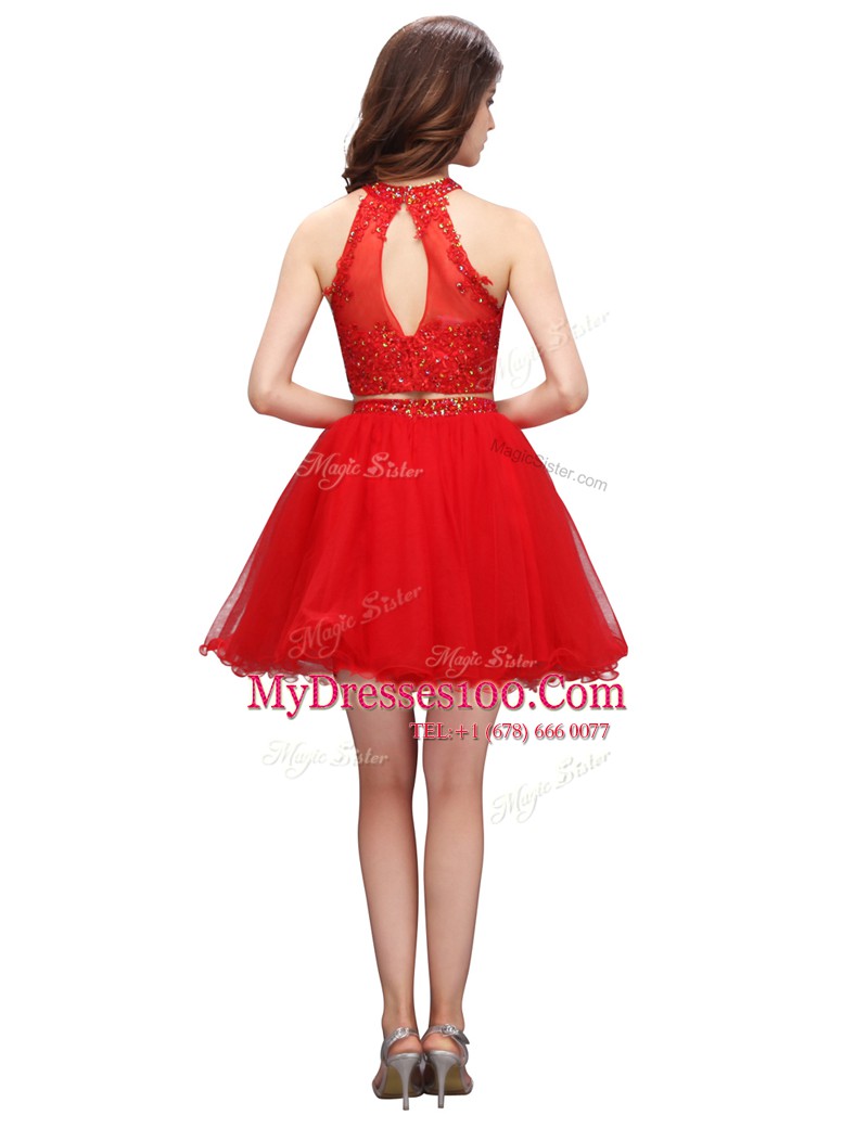 Coral Red Sleeveless Mini Length Beading Zipper Evening Dress