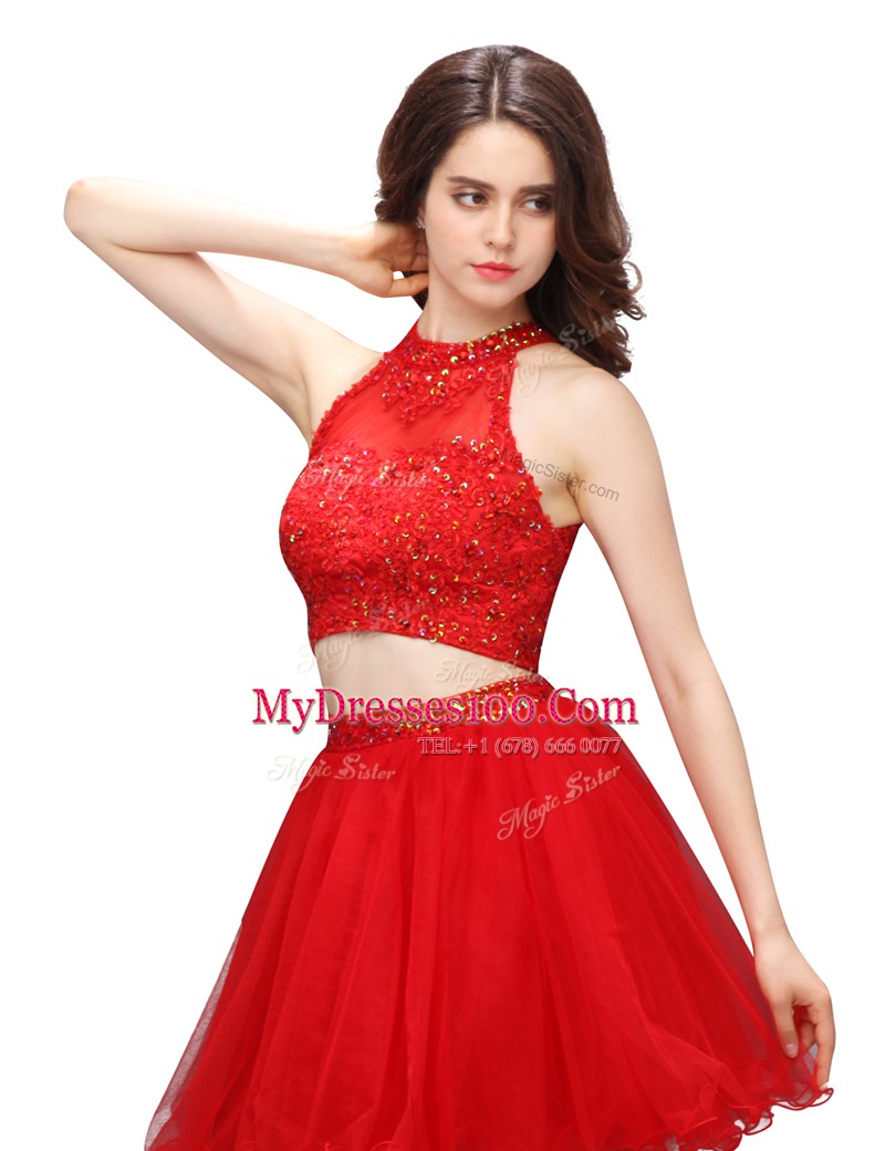 Coral Red Sleeveless Mini Length Beading Zipper Evening Dress