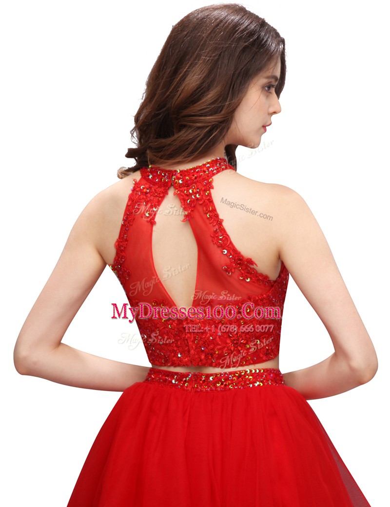 Coral Red Sleeveless Mini Length Beading Zipper Evening Dress