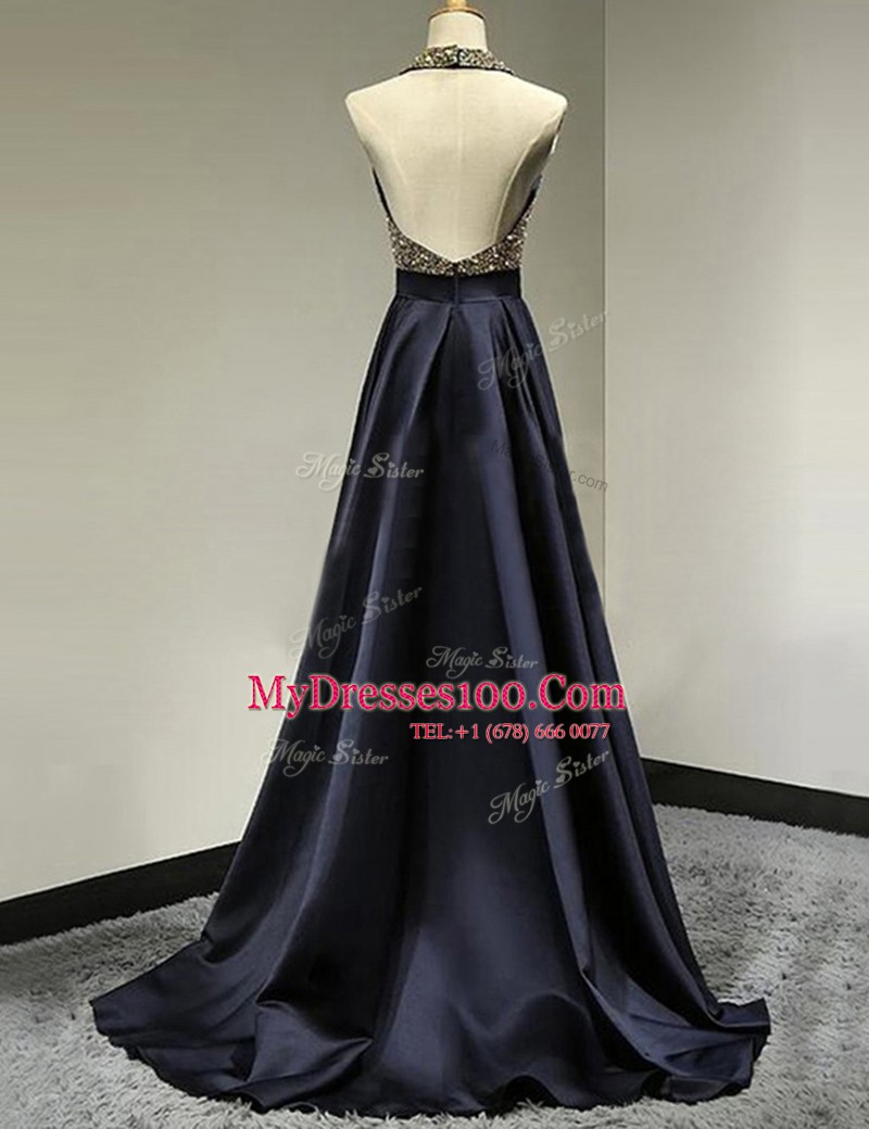 High Quality Halter Top Satin Sleeveless With Train Evening Party Dresses Brush Train and Beading