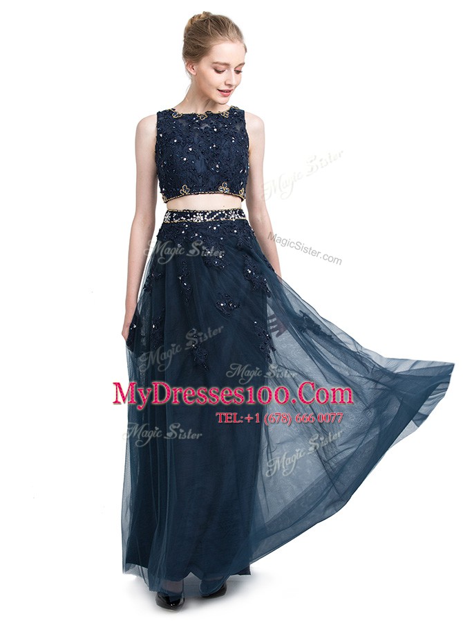 Smart Scoop Sleeveless Floor Length Beading Zipper Prom Evening Gown with Navy Blue