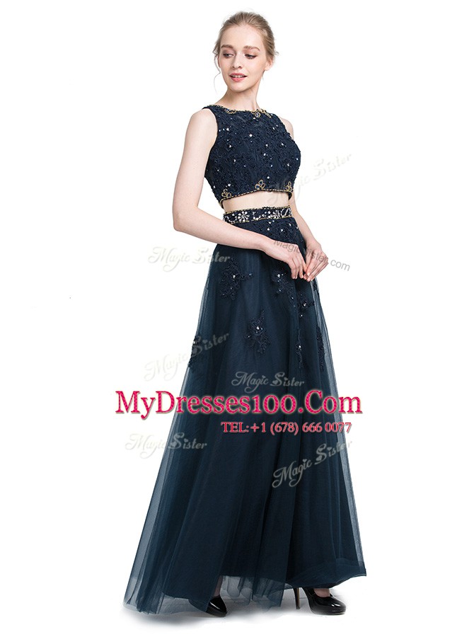 Smart Scoop Sleeveless Floor Length Beading Zipper Prom Evening Gown with Navy Blue