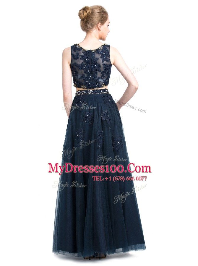 Smart Scoop Sleeveless Floor Length Beading Zipper Prom Evening Gown with Navy Blue